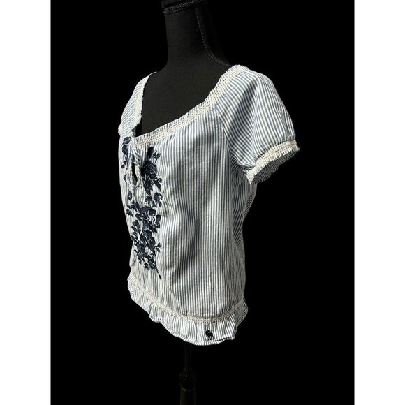 Abercrombie & Fitch Striped Short Sleeve Blouse W/ Embroidered Floral Design & T - Picture 3 of 10